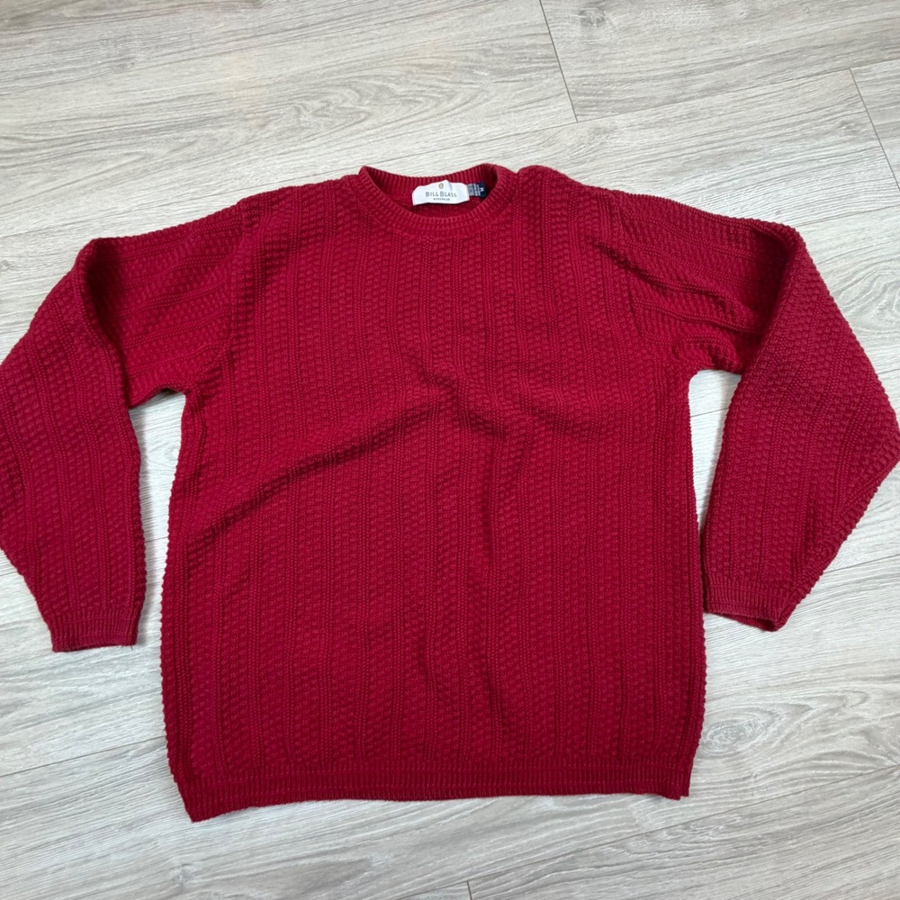 Bill Blass Menswear Vintage 90s Red Cotton Textured Knit Crewneck Sweater Mens M